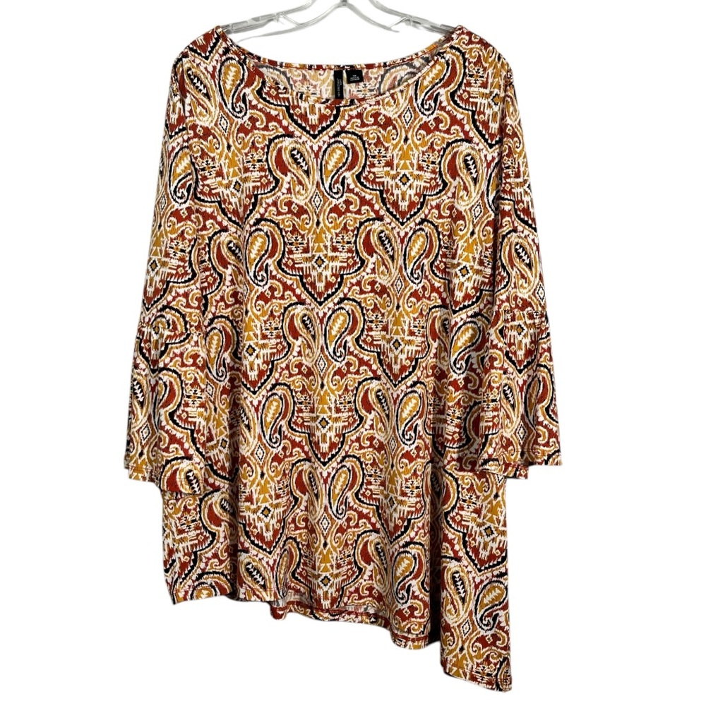 New Directions No-Iron Slinky Knit Asymmetrical Hem Long Sleeve Blouse Plus Size